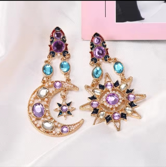 Celestial~Sun & Moon Whimsigoth Pink Blue Crystal Dangle Earrings - Picture 11 of 11